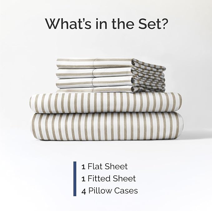 Queen 6 Piece Sheet Set - Comfy, Breathable & Cooling - Soft Hotel Luxury Bedding for Women, Men, Kids, Teens and Children - 1 Flat & 1 Fitted Sheet & 4 Pillowcases with Deep Pockets - Beige Stripes 2