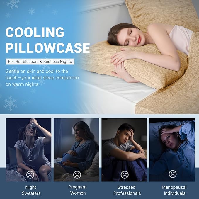 Elegear Cooling Pillow Cases for Hot Sleepers, Japanese Q-Max 0.5 Cooling Pillowcases, Both Sides[Cooling/Cotton], Breathable Soft Pillowcase for Hair and Skin, Set of 2-Beige (Standard (20" x 26"))