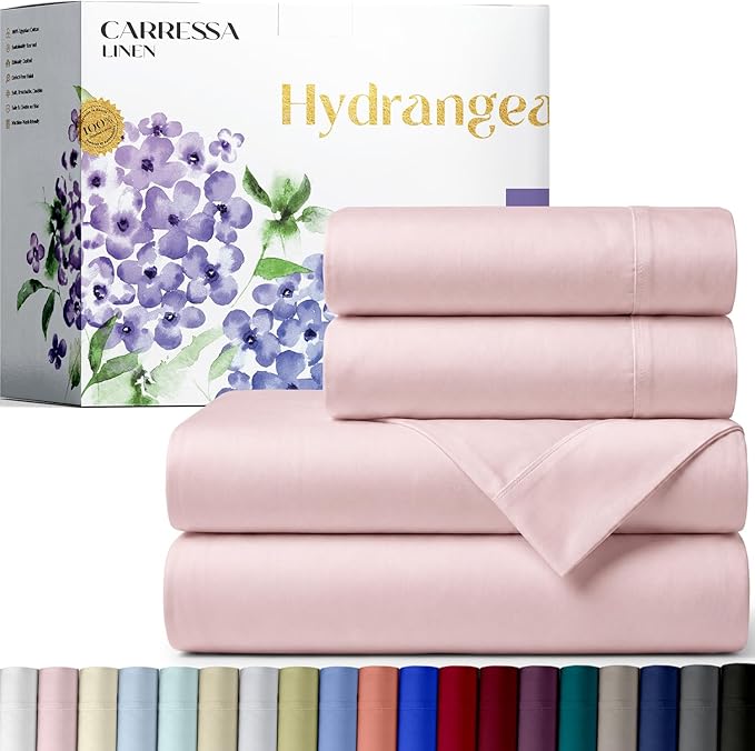Carressa Linen 100% Egyptian Cotton Queen Sheet Set - 600 Series Hydrangeas Collection Egyptian Cotton Queen Sheets Set (4 PC, Blush), 16" Deep Pocket Sateen Weave Luxury Hotel Bed Sheet