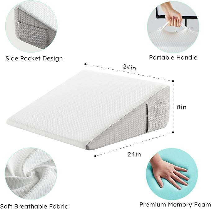 Bedluxe Wedge Pillow, 8 inch Bed Wedge Pillow for Headboard, Pillow Wedge for Acid Reflux Relief, Sleeping, After Surgery, Snoring, Gerd, Triangle Pillow Wedge - Cooling Memory Foam Top, White/Grey