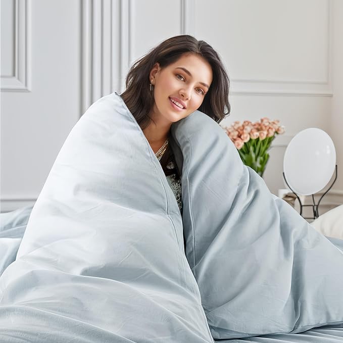 NEXHOME PRO Duvet Cover Set Queen Size Linen Look Textured Natural 100% Organic Cotton Duvet Cover 3 Pieces Bedding Set with Zipper Closure, Soft, Light Baby Blue (No Comforter)