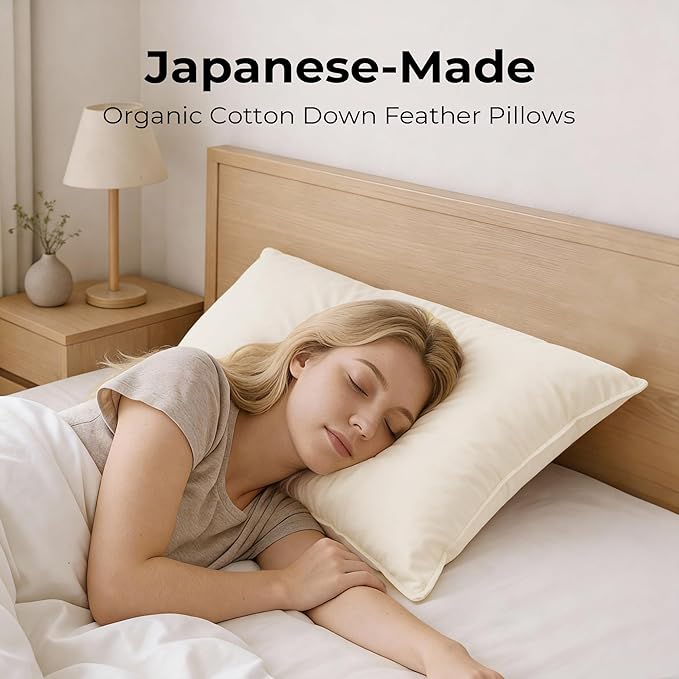 UNIKOME White Goose Down Feather Pillows - 100% Organic Cotton Cover - Standard Size Pillow Set of 2, Made in Japan Pillow for Sleeping