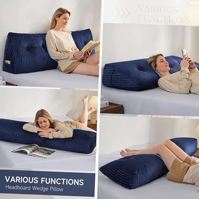 Z-hom Large Headboard Pillow Queen, NO ROLL Pillow, Wedge Pillow Headboard for Sitting Up in Bed, Backrest Support Triangular Cushion for Reading, Gap Pillow w/Removable Washable Cover,Blue