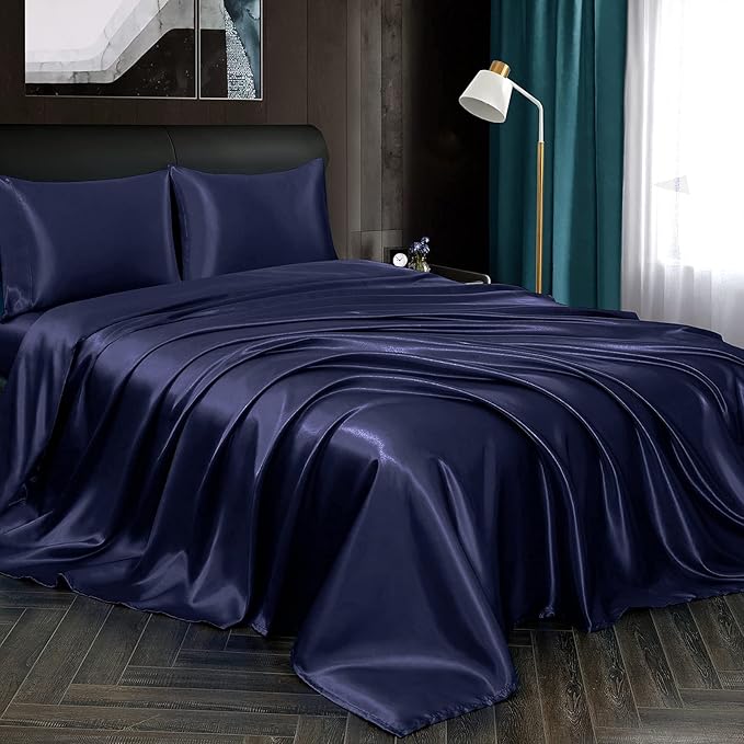 Homiest 3pcs Satin Sheets Set Luxury Silky Satin Bedding Set with Deep Pocket, 1 Fitted Sheet + 1 Flat Sheet + 1 Pillowcase (Twin Size, Navy Blue)