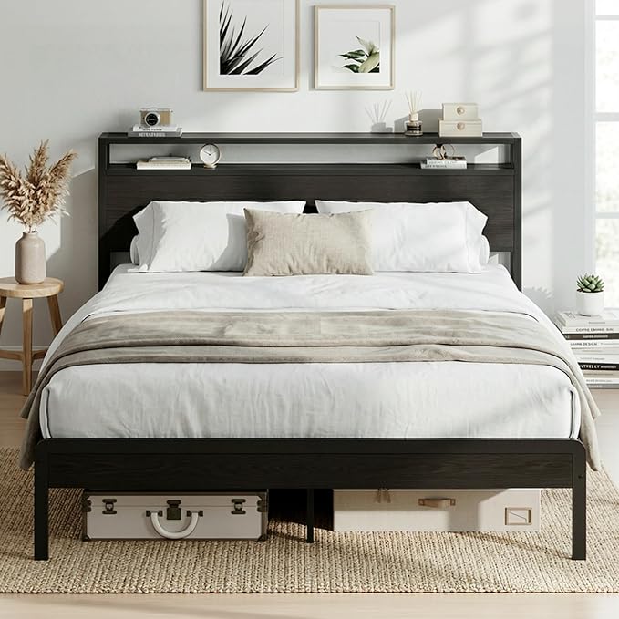 LIKIMIO Full Bed Frame with Headboard, Dark Wood Camas Full with Strong Supports, Sturdy, Noise-Free, No Box Spring Needed, Classic Black