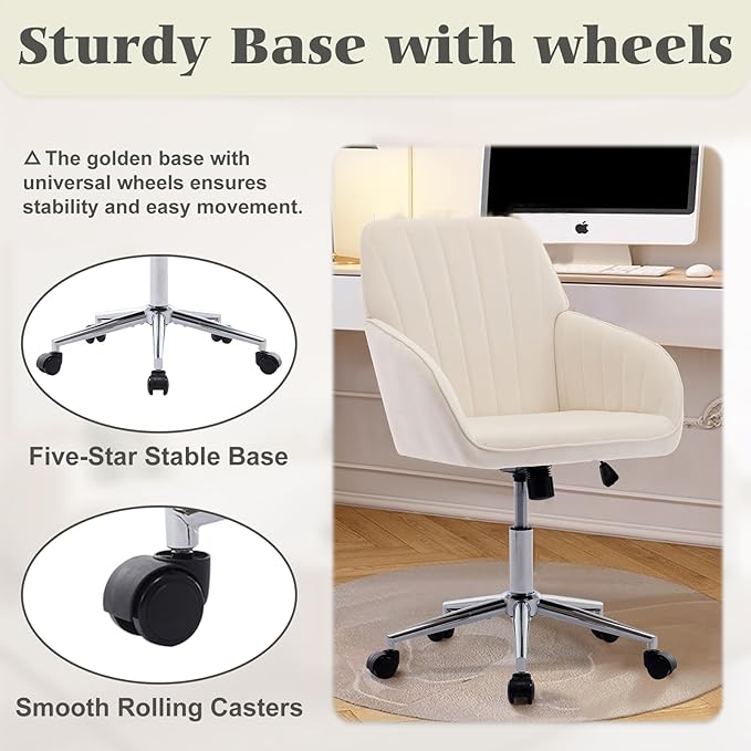 Velvet Vanity Chair with Wheels, Height Adjustable Swivel Makeup Chair, Armless Small Desk Chair for Bedroom/Office/Vanity Table, 250 lbs Capacity (Velvet, White-3)