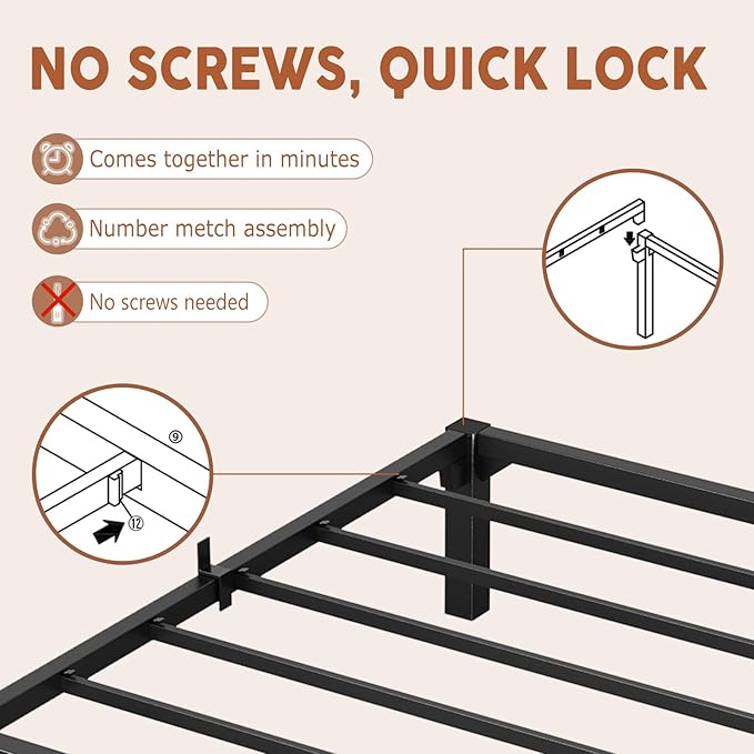GarveeHome 8 in Twin Bed Frame, Heavy Duty Metal Platform Bed Frame with Durable Iron Slat Support and Legs, No Box Spring Required, No Screws Needed, Support Up to 800 LBS