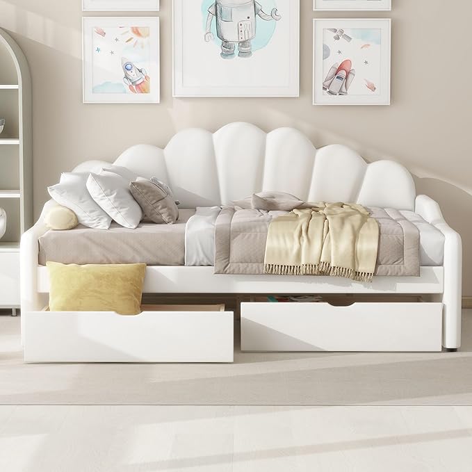 Merax Full Size Modern Upholstered Sofa Day Bed with Shall Shaped Backrest & Storage Drawers, Mutifunction Platform Bed with Wood Slat Support,Velvet Storage Bed Frame with Headboard/Twin, White