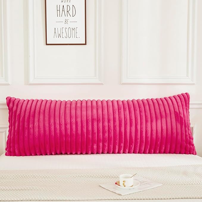 JAUXIO Faux Fur Fluffy Body Pillow Cover Luxury Textured Vertical Stripe Plush Decorative Body Pillowcase, Ultra Soft and Cozy Zipper Closure 21 x 54 Inches, Hot Pink