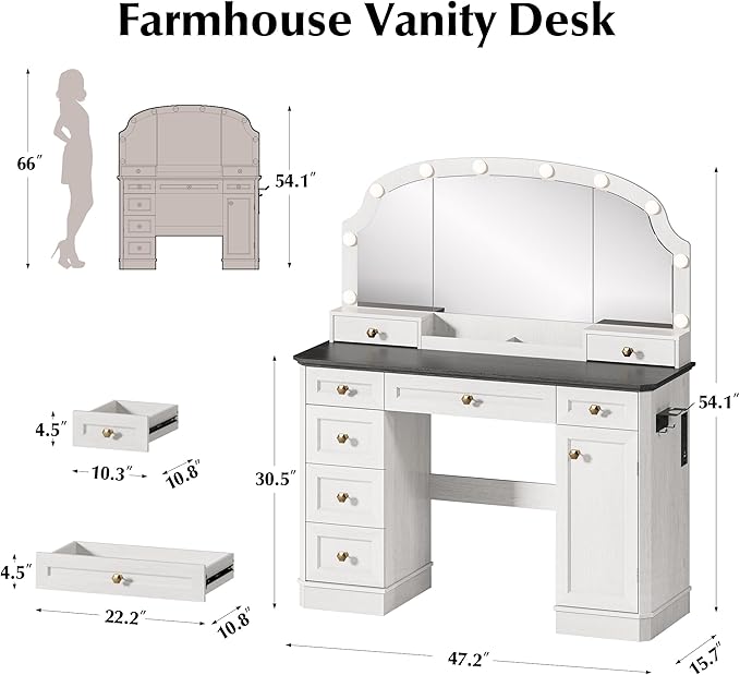 Farmhouse Makeup Vanity Desk with Mirror and Lights, 47'' Vanity Table with 8 Storage Drawers 1 Cabinet & 2 Organizer Trays, Large Dressing Table with Charging for Bedroom Rustic Black