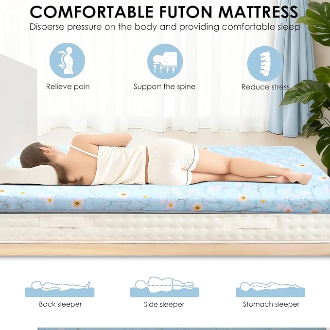 SCHNAUZER HOME Japanese Floor Mattress, 3.5" Thicken Floral Pattern Portable Futon Mattress, 100% High-Density Foam Tatami Mat Sleeping Pad for Camping Guest Room Dormitory RV, Light Blue, Twin