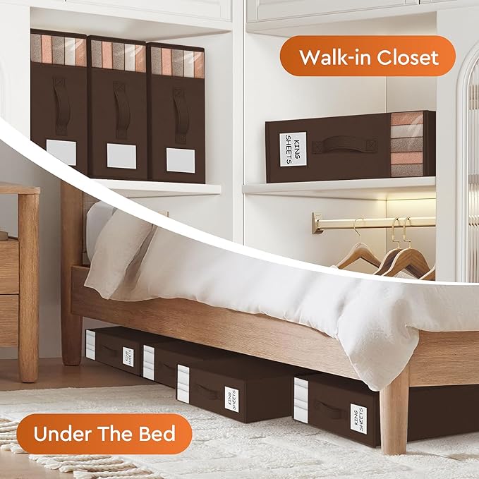 StorageTastic 8 Pack Bed Sheet Closet Organizers and Storage,Sturdy Foldable Storage Containers with Window and Label,Storage and Organization for Bedding Sheets,Duvet Covers,Blankets (Brown)