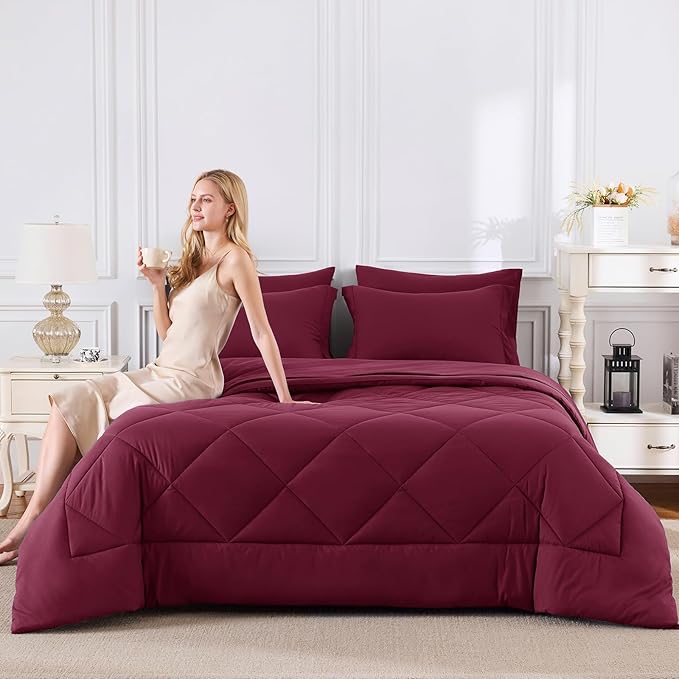 CozyLux Oversized Queen Comforter Set Burgundy - 7 Pieces Bed in a Bag Comforter Set with Sheets, Luxury Soft Bed Set, Bedding Set with Down Alternative Comforter, Sheets, Pillowcases & Shams, Red