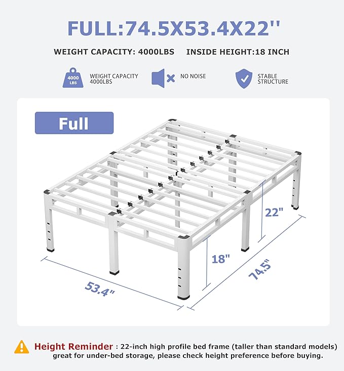NKZ 22 Inch Full Size Bed Frame, Metal Bed Frame & Box Spring 2 in 1 Platform with Round Corner Legs, 4000Lbs Heavy Duty Metal Frame, Mattress Slide Stopper, Headboard Hole, Noise-Free, Easy Assembly