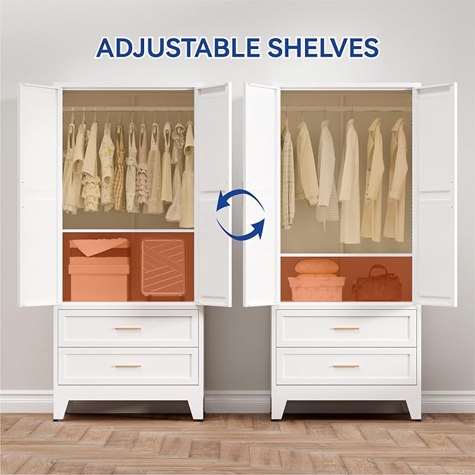 COFaR Armoire Wardrobe Closet with Drawers & Hanging Rod, 71'' Metal Wardrobe Closet with Doors & Adjustable Shelf, Farmhouse Wardrobe Cabinet for Bedroom Home Office, White