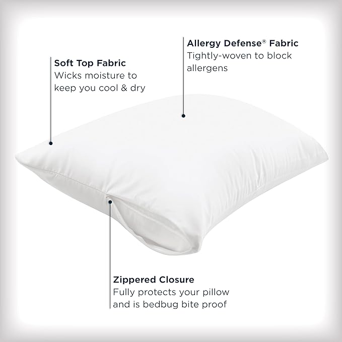 AllerEase Maximum Pillow Protector Particle Barrier Soft Comfortable Machine Washable Zippered Pillow Cover, White King Size, 2 Pack White