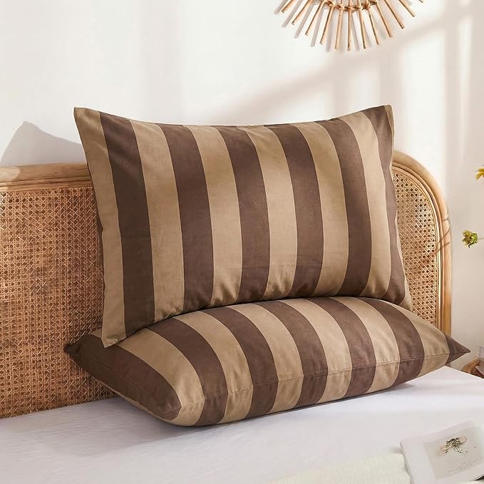 Merryword Standard Size Pillowcases, 100% Cotton Pillow Cases, Brown and Khaki Striped Pillowcases, Soft Breathable Wide Stripes Pillow Covers, Set of 2