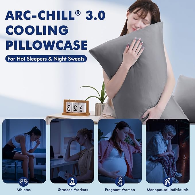 Elegear Silver Infused Cooling Pillow Cases for Hot Sleepers, Odor Resistant Cooling Pillowcase with Q-Max>0.5, Soft Silky Pillowcases for Hair & Skin, Zipper Pillow cases Set of 2-Standard, Dark Gray