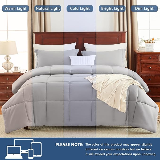 CozyLux King Size Comforter Set - 270GSM French Grey Bedding Sets for All Seasons, 3 Pieces Box Stitched Bed Set with 1 Down Alternative Comforter and 2 Pillow Shams, Soft, Lightweight, Durable