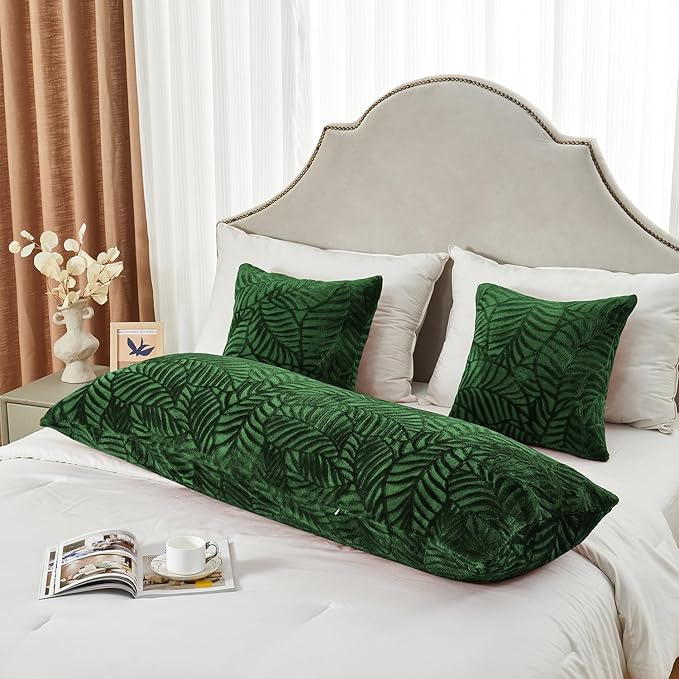SOCHOW Body Pillow Cover 21x54 Inches, Super Soft and Cozy Leaves Textured Fleece Long Body Pillowcase with Zipper Closure,1 Pack, Olive Green