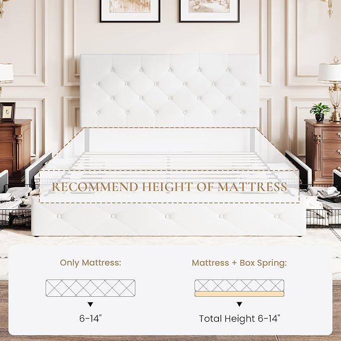 SHA CERLIN Upholstered Full Platform Storage Bed Frame with 4 Drawers, Adjustable Headboard with Faux Leather Diamond Button Tufted Design, Wooden Slat Support, No Box Spring Needed, White