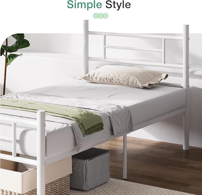 Novilla Twin Bed Frame with Headboard and Footboard, 14 Inch Metal Platform Bed Frame with Under Bed Storage, No Box Spring Needed, Strong Metal Slats Support, White