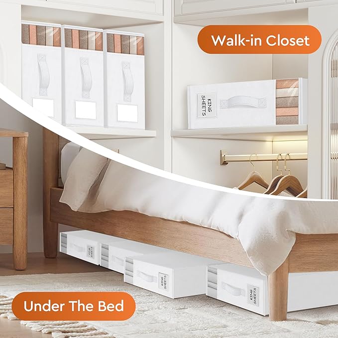 StorageTastic 8 Pack Bed Sheet Closet Organizers and Storage,Sturdy Foldable Storage Containers with Window and Label,Storage and Organization for Bedding Sheets,Duvet Covers,Blankets (White)