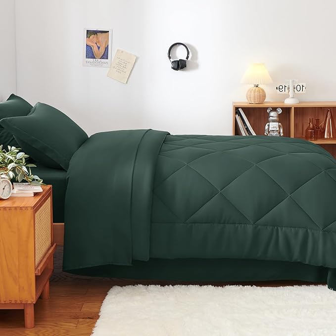 CozyLux Twin XL Comforter Set Forest Green - 5 Pieces Twin Extra Long Bed in a Bag for College Dorm, All Season Bedding Set for Girls and Boys, Soft Bed Set with Comforter, Sheets, Pillowcase & Sham