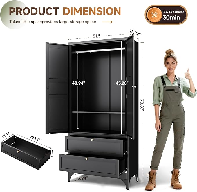 Letaya Metal Armoire Wardrobe Closet with 2 Drawers,18" Deep Clothing Storage Cabinet with Doors and Shelves,Coat Closet with Hanging Rod,Bedroom,Home,Cloak Room-Black