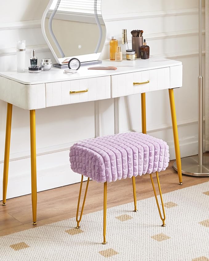 IBUYKE Rectangular Footrest Stool Ottoman, Makeup Vanity Stool Side Table, Velvet Dressing Table Seat, Footstool Chair, Golden Steel Legs, for Makeup Room, Bedroom, Square grid pattern, Purple WBD003V