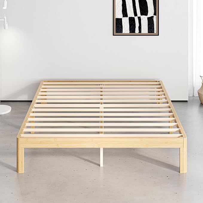 12 Inch High Bamboo Wood Full Size Bed Frame Platform, Metal Slat Support Bed Frame Full Size, No Box Spring Needed, Easy Assembly, Noise Free, Reinforced