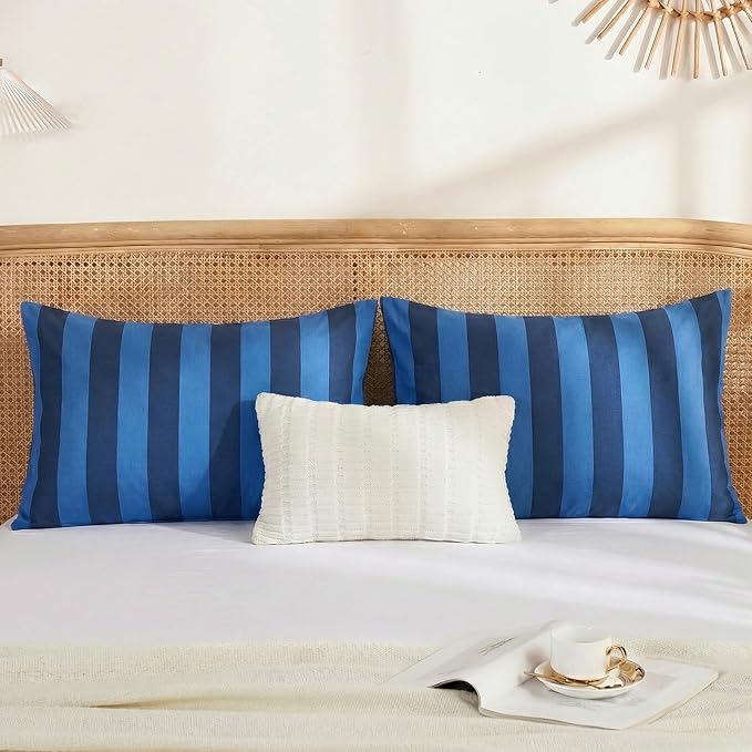Merryword Queen Size Pillowcases, 100% Cotton Pillow Cases, Blue and Navy Striped Pillowcases, Soft Breathable Wide Stripes Pillow Covers, Set of 2