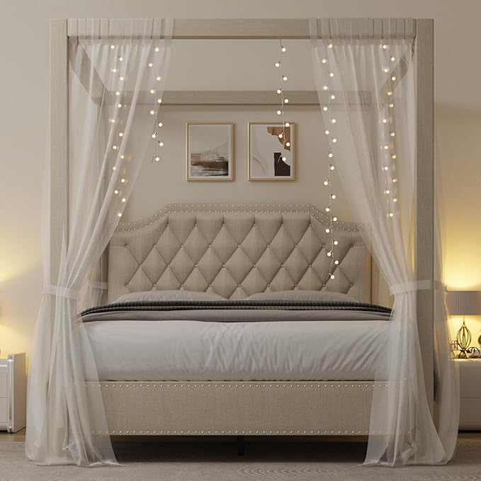 GarveeHome Upholstered Canopy Bed Frame Queen Size with headboard, Button Tufted, Nailhead Trim Design, No Box Spring Required, Beige(Shipped in 2 Boxes)