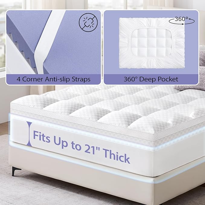 downluxe 4 Inch Full Size Memory Foam Mattress Topper Pro Dual Layer 2 Inch Cooling Gel Egg Crate Memory Foam Plus 2 Inch Pillow Top Medium Firm with Deep Pocket