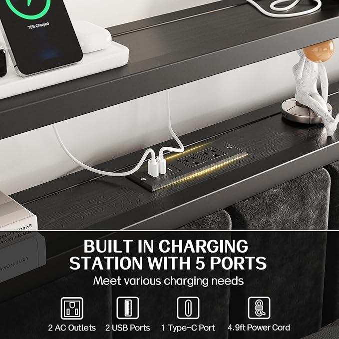 OLEVS King Bed Frame with Charging Station & LED Lights, Modern Platform Bed with Upholstered Storage Headboard, No Box Spring Needed Noise Free