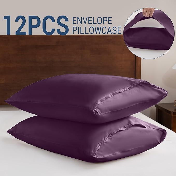 Pillowcases Queen 12 Pack, 20x30 Pillow Cases with Envelope Closure, Soft Plain Brushed Microfiber Covers Breathable Wrinkle-Resistant, Dark Purple