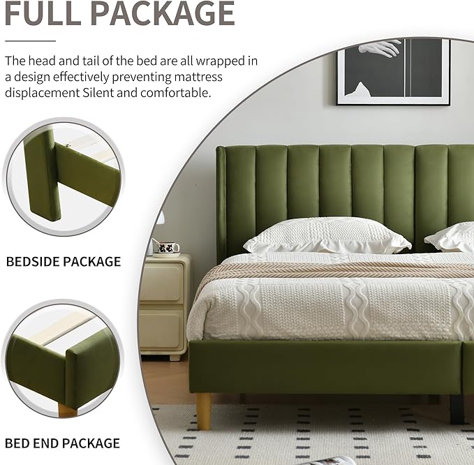 YUHUASHI upholstered Platform Bed Frame/King Bed Frame/Modern Geometric Double-Wing Design headboard/Velvet Fabric/Easy to Assemble no Noise (Grass Green, King (U.S. Standard))
