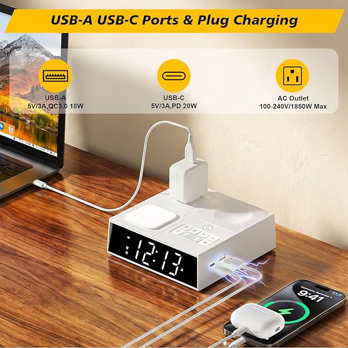 Kungfuking Sound Machine Alarm Clock with 41 White Noise Sounds, 2 USB Chargers Power Strip, Large Dimmable Display Dual Timer Clocks for Bedroom Dorm Hotel Room