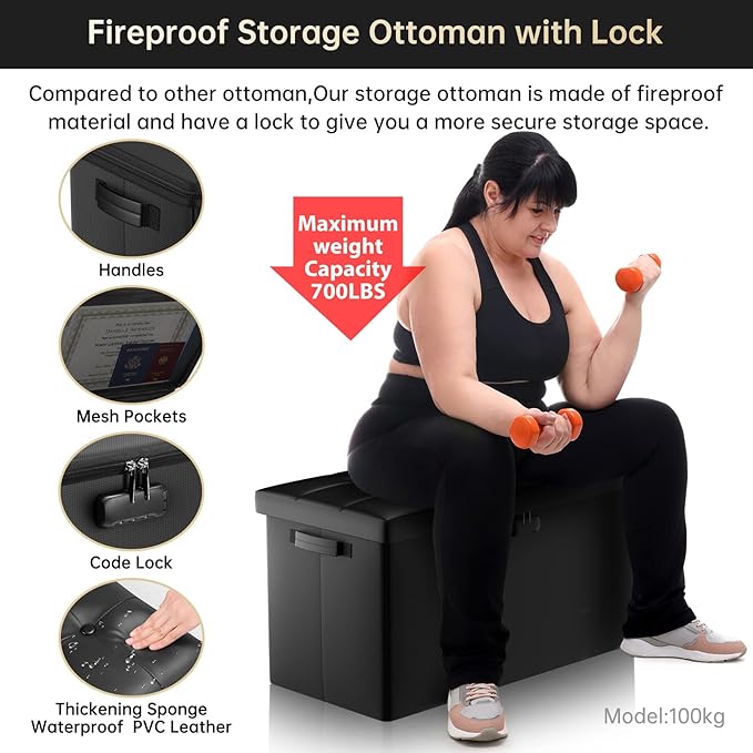ENGPOW Storage Ottoman Bench,Fireproof Folding Bench with Lock,30 Inches Fire＆Water Resistant Storage Chest Foot Rest Stool Leather Bedroom Bench with Storage Safe for Document,Valuables,Black