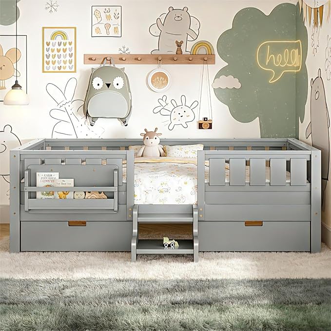 Bellemave Twin Bed with Storage Drawers & Bookshelf, Low Profile Kids Bed Frame with Staircase & Full Length Guardrails, Solid Wood Twin Bed for Kids with Slats Load 300LBS, Easy Assembly, Grey