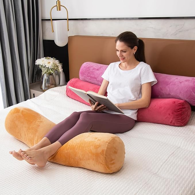 1 MIDDLE ONE Bolster Pillow for Bed, Long Round Body Pillow for Adults with Removable Velvet Cover, Decorative Tube Roll Cylinder Pillow, 47 x 7.87 Inch, Red