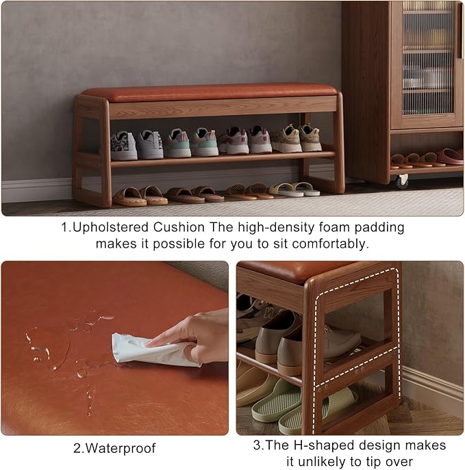 AQIMUELE Shoe Rack Bench,2 Tiers Shoe Bench with Storage with Flip-Top,Wood Shoe Rack for Entryway,Hallway（Orange Upholstered Seat,11.8" D x 39.3" W x 15.7" H）