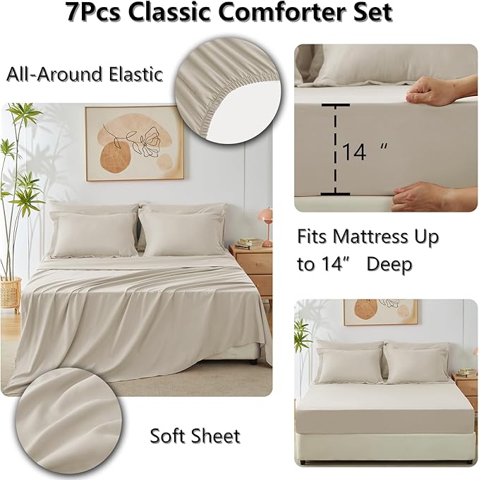 CozyLux Full Size Comforter Sets Oatmeal - 7 Pieces Bed in a Bag Full, Luxury Soft Bed Set for All Seasons, Bedding Set with Down Alternative Comforter, Sheets, Pillowcases & Shams
