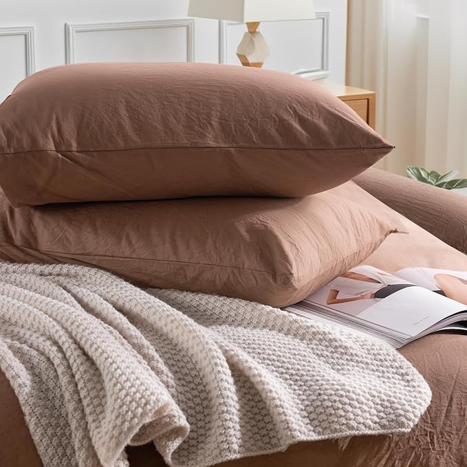 NEXHOME PRO Duvet Cover Set 100% Washed Cotton Super King 108"x98", Organic Natural Linen Look Textured 3 Pieces Bedding Set Mocha Brown with Zipper Closure, Breathable (No Comforter)