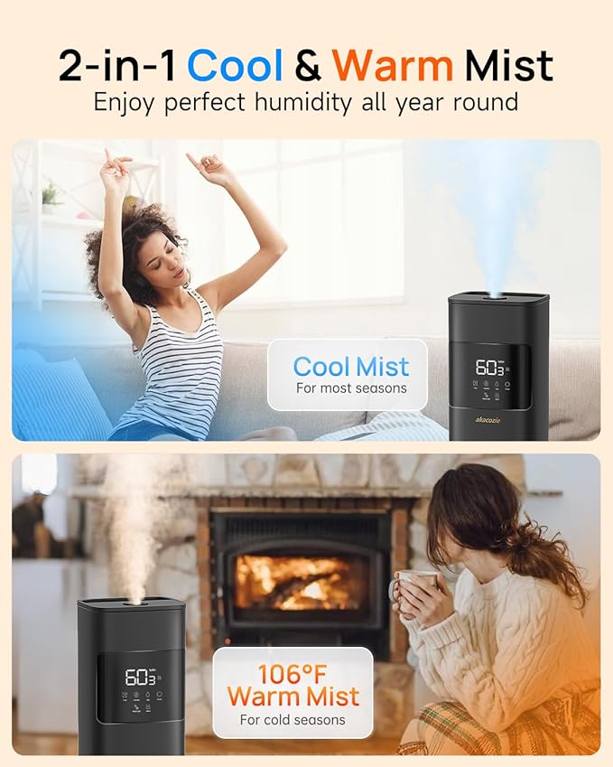 Warm & Cool Mist Humidifiers for Bedroom 500 sq ft, 2.1Gal/8L Top-Fill Humidifier Large Room with Essential Oil Diffuser, Large Room Humidifiers for Home Baby Nursery Office Plants, Black