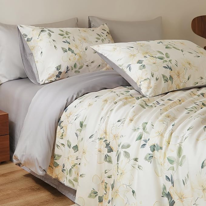 VM VOUGEMARKET Silky Sateen Cotton Duvet Cover Set King,Vintage Magnolia Flower Duvet Cover with Zipper Closure,Soft Breathable Bedding Set for Elegant Bedroom Atmosphere