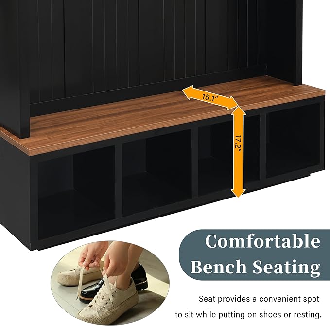 Merax Wood Rustic 59''W Hall Tree Entryway Bench with 4 Hooks and Cabinets, Farmhouse Mudroom Versatile Coat Racks with Shoe Storage Bench, Entrance Organizer for Hallway, Living Room Black