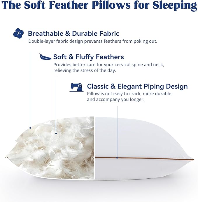 puredown® Goose Feather Down Pillows Standard Size Set of 2, Fluffy Bed Pillow for Sleeping with 100% Cotton Cover, Medium Firm Luxury Hotel Collection Pillow for Back, Stomach or Side Sleeper