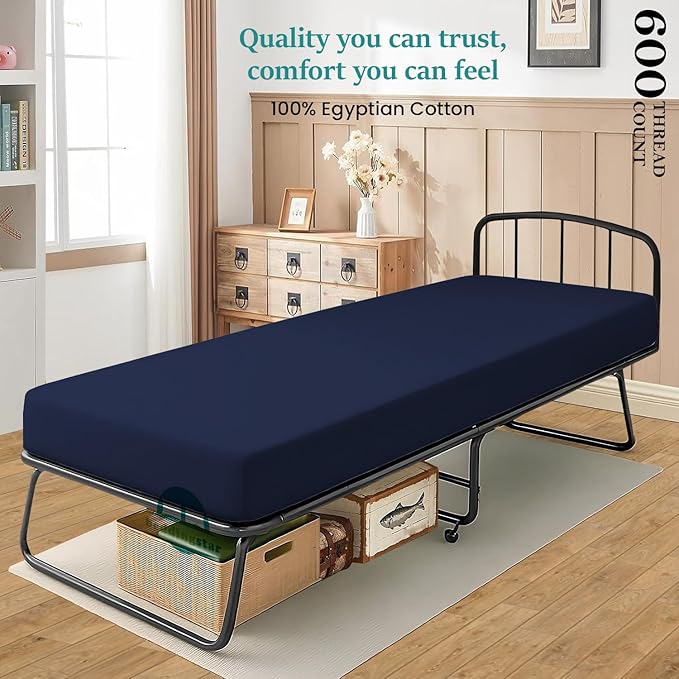 Twin Fitted Sheet 39 x 75 Inches 6" Deep Pocket 100% Egyptian Cotton 600 Thread Count Snug Fit for Trifold Mattress, Narrow Twin, Camp Bunk, Guest Bed, Army Cot Soft & Breathable – Navy Blue
