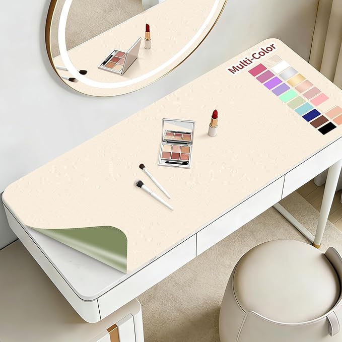 Makeup Mat for Vanity to Protect Desk Top 23.6 x 11.8 in, Dual-Sided Makeup Mat, Easy to Clean Desk Pad - Waterproof and Oilproof Vanity Accessories (Beige and Olive Green)